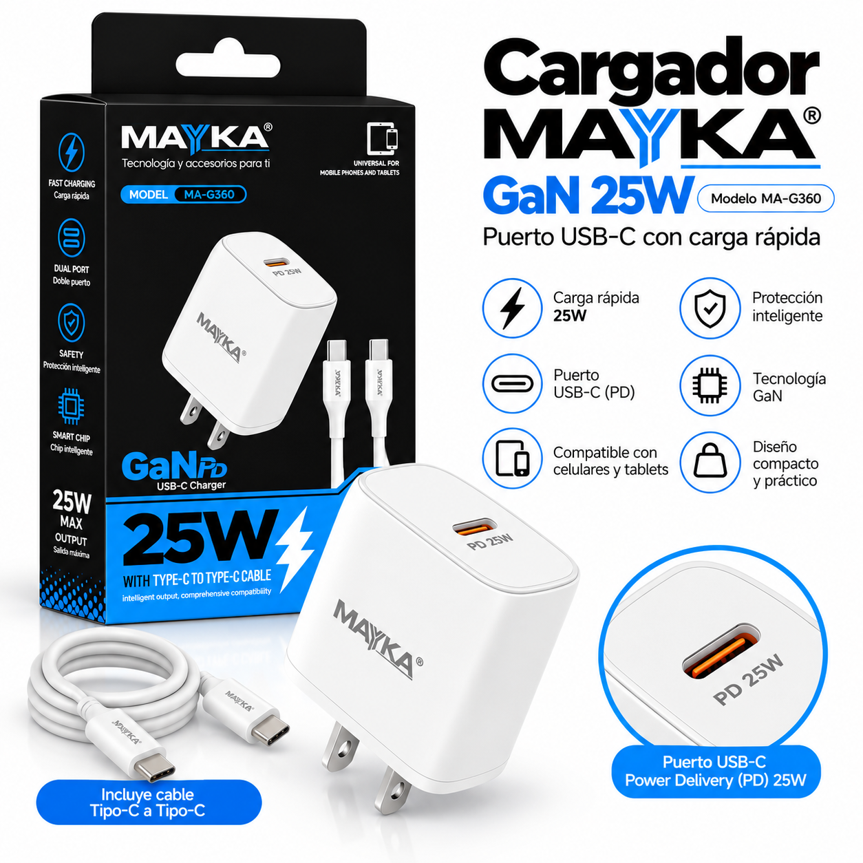 Cargador Mayka GaN 25W blanco con puerto USB-C, incluye cable Tipo-C a Tipo-C, presentado en caja negra con especificaciones técnicas y diseño compacto.