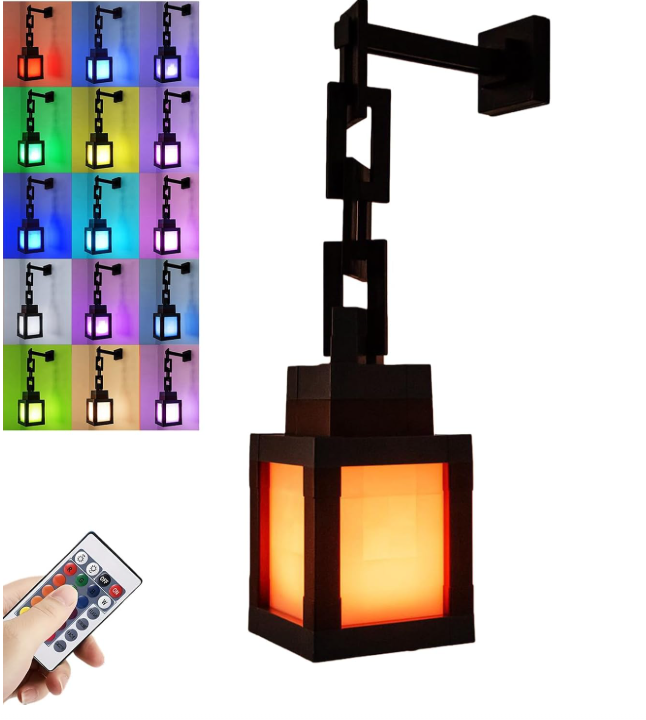 Lámpara LED estilo píxel con diseño colgante, luz naranja cálida, soporte de pared negro y control remoto para cambiar colores.