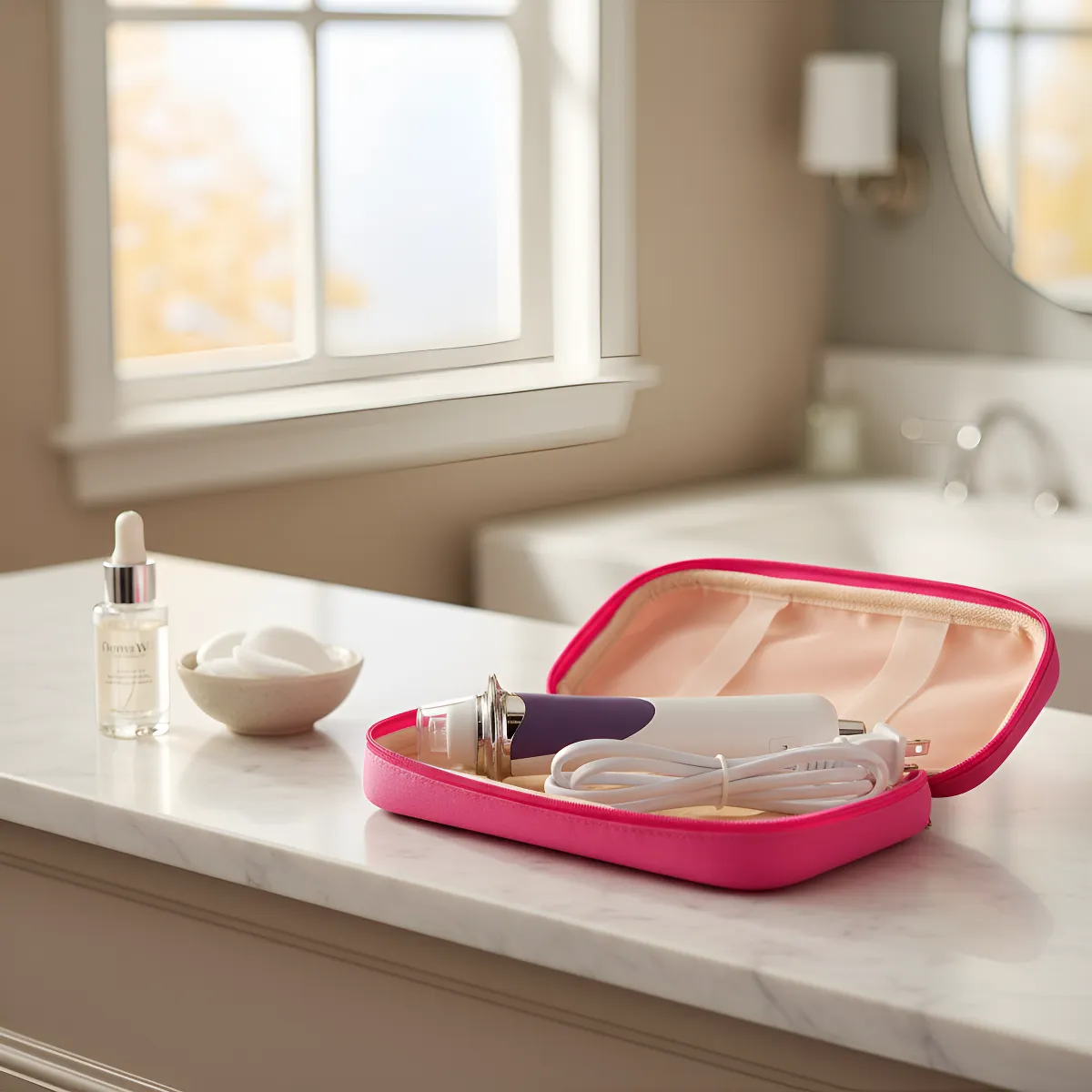 Dispositivo Derma W Pro blanco y morado con cable en estuche fucsia, sobre mesón de baño con suero facial y algodón.