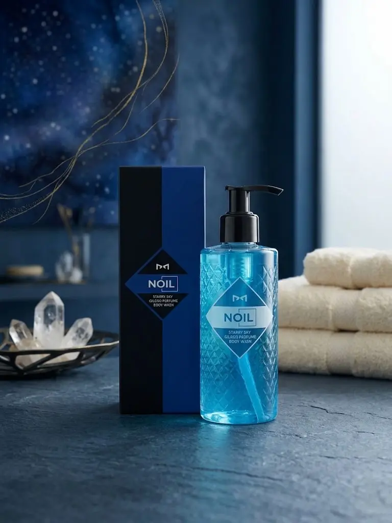 Jabón líquido corporal Noil Starry Sky en envase azul texturizado con dispensador, junto a su caja, sobre superficie oscura con toallas y cristales.