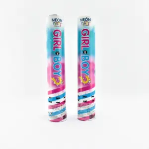 Dos lanzadores de confeti de 30 cm para revelación de género, con diseño cilíndrico en tonos azul y rosa, marcados con la frase Girl or Boy.