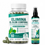 Frasco con 60 cápsulas verdes y spray antisudor al lado, tratamiento natural contra el olor corporal.
