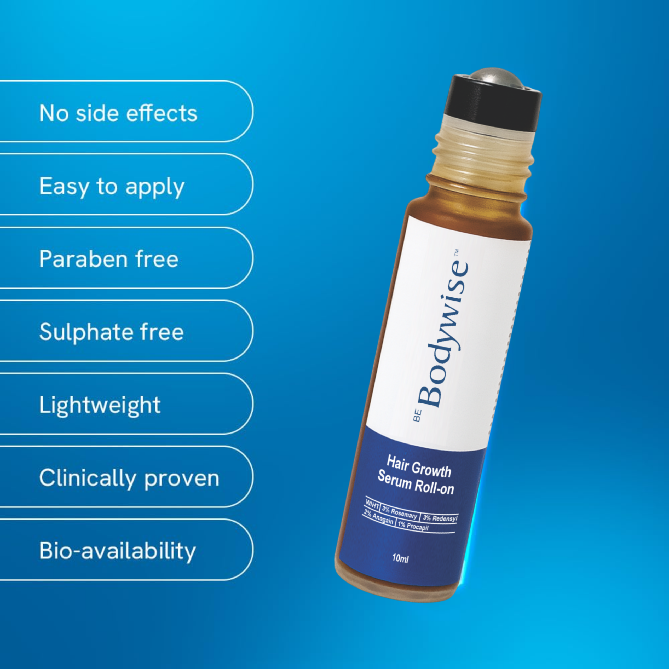 Serum capilar roll-on anticaída de 10ml en frasco ámbar con aplicador metálico sobre fondo azul y viñetas de beneficios.