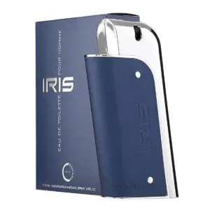 Perfume Iris Pour Homme 90 ml en envase azul con funda texturizada y detalles plateados, junto a su caja azul rectangular.