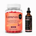 Set de Lumevax con frasco de 180 g de gomitas rojas y gotero de 30 ml de colágeno líquido con biotina.