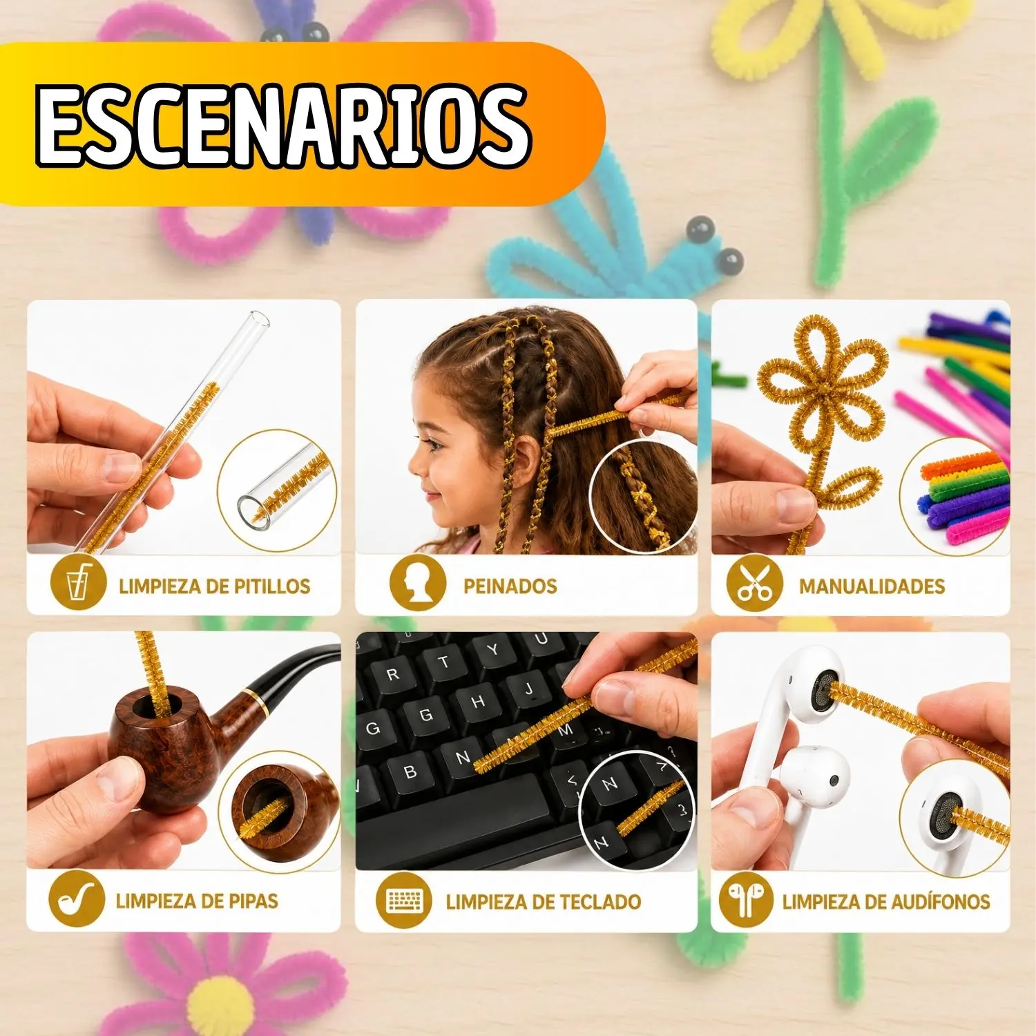 Limpiapipas dorados flexibles multiusos usados en manualidades, trenzas, limpieza de pipas, pajillas, teclados y audífonos.