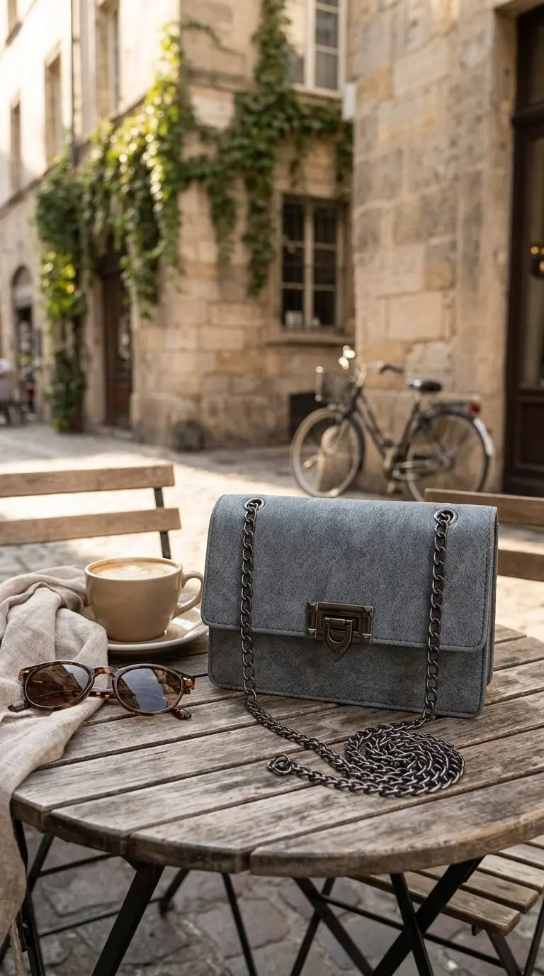 Bolso de mano gris con textura moteada, cierre metálico y correa de cadena, sobre mesa de madera en un café al aire libre.