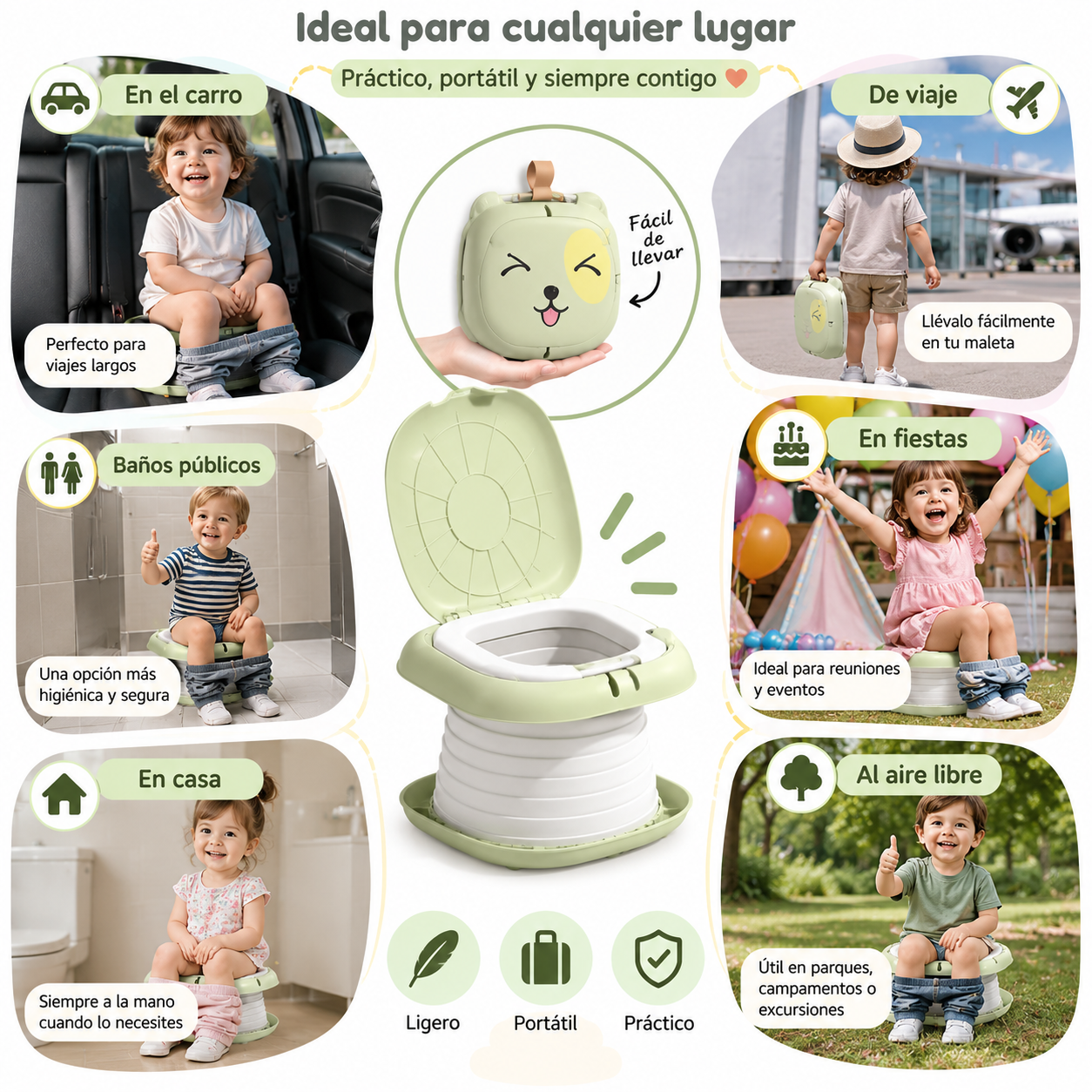 Bacinilla plegable portátil color verde con diseño de osito, ideal para viajes, casa o parques, mostrada en uso por niños en diversos entornos cotidianos.