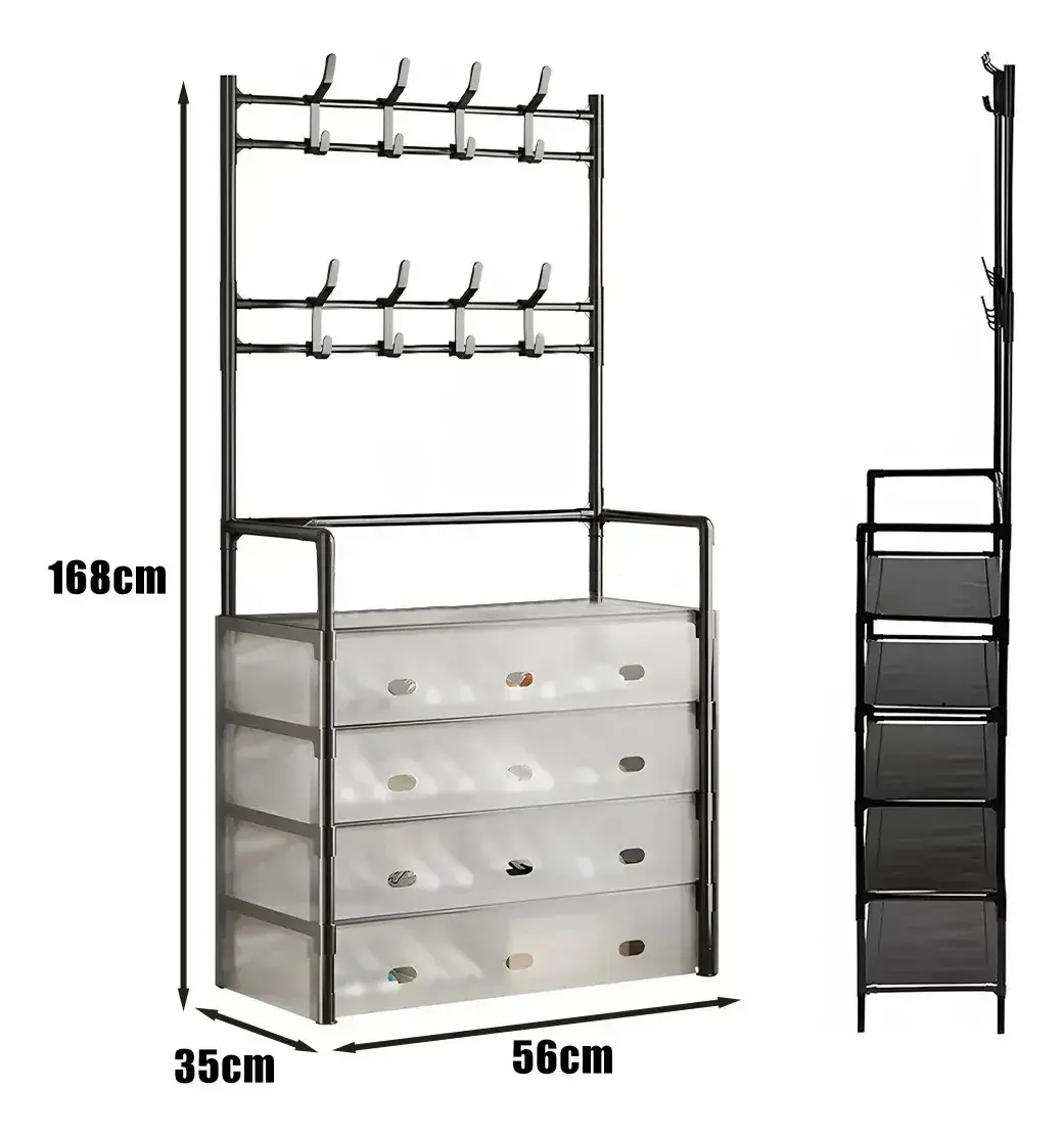 Zapatero organizador de metal negro con perchero superior de doble barra y cuatro cajones plásticos traslúcidos. Medidas: 168 cm de alto, 56 cm de ancho y 35 cm de fondo. Vista frontal y lateral.