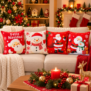 Set x5 Cojín navideño decorativo con diseño de Papá Noel - transforma tus espacios con un ambiente festivo acogedor