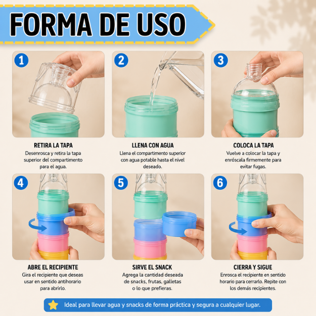 Dosificador de Snacks de 4 Compartimentos Apilable y Hermético - Organiza y transporta tus alimentos sin mezclas