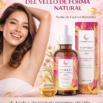 Aceite de Cyperus Rotundus Caramela en frasco gotero de 30ml y caja floral rosa para reducir el vello y suavizar la piel de rostro y cuerpo.