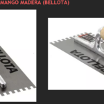 Llana dentada con mango de madera y base metálica para distribución uniforme de adhesivos, mostrada en dos ángulos.