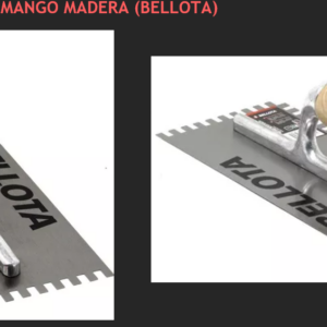 Llana dentada con mango de madera y base metálica para distribución uniforme de adhesivos, mostrada en dos ángulos.