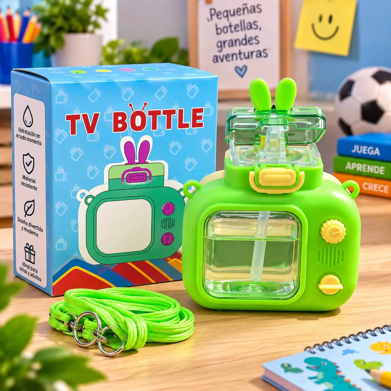Set termo infantil verde de diseño tipo televisor con estuche, caja azul decorada, correa ajustable y cuaderno con dinosaurios.