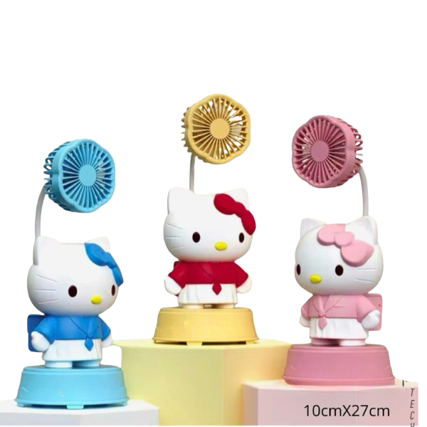 Tres mini ventiladores portátiles con diseño de Hello Kitty en colores azul, amarillo y rosa, con medidas de 10cm x 27cm.