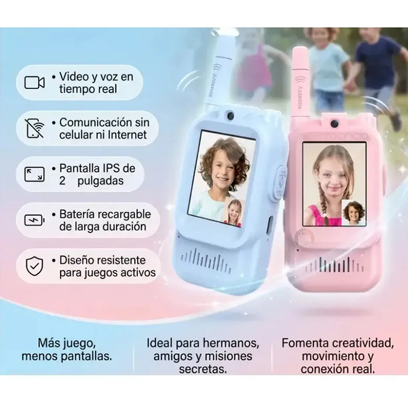 Walkie talkies con cámara para niños en azul y rosa. Tienen pantalla IPS de 2 pulgadas y comunicación de video y voz en tiempo real sin internet.
