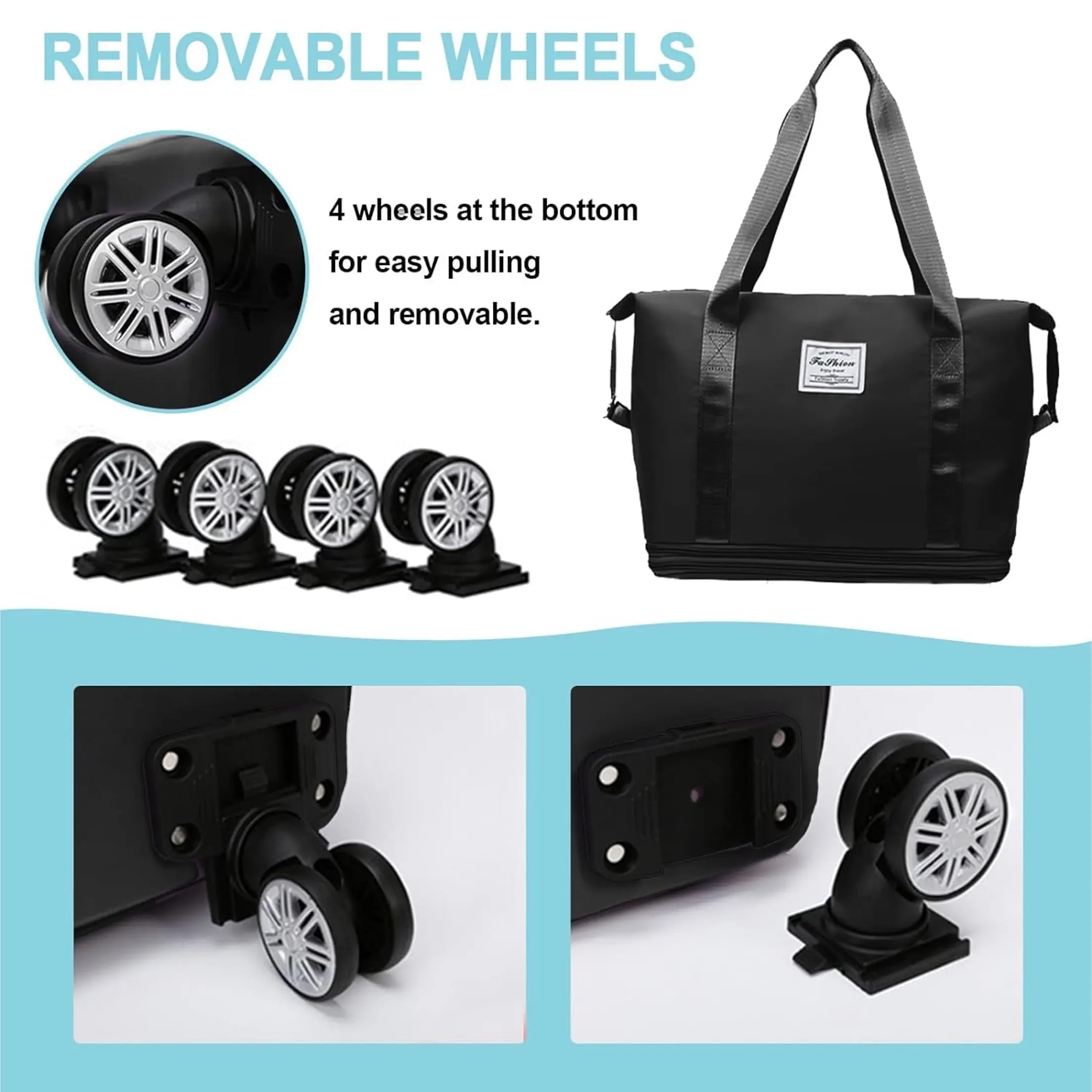 Bolso de viaje negro impermeable con cuatro ruedas dobles desmontables en la base y asas superiores de mano.