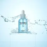 Sérum hidratante Torriden DIVE IN en frasco azul con gotero, rodeado de salpicaduras de agua sobre un pedestal transparente.