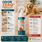 Spray eliminador de olores enzimático para mascotas Natupet de 250ml junto a un perro golden retriever sobre alfombra clara.
