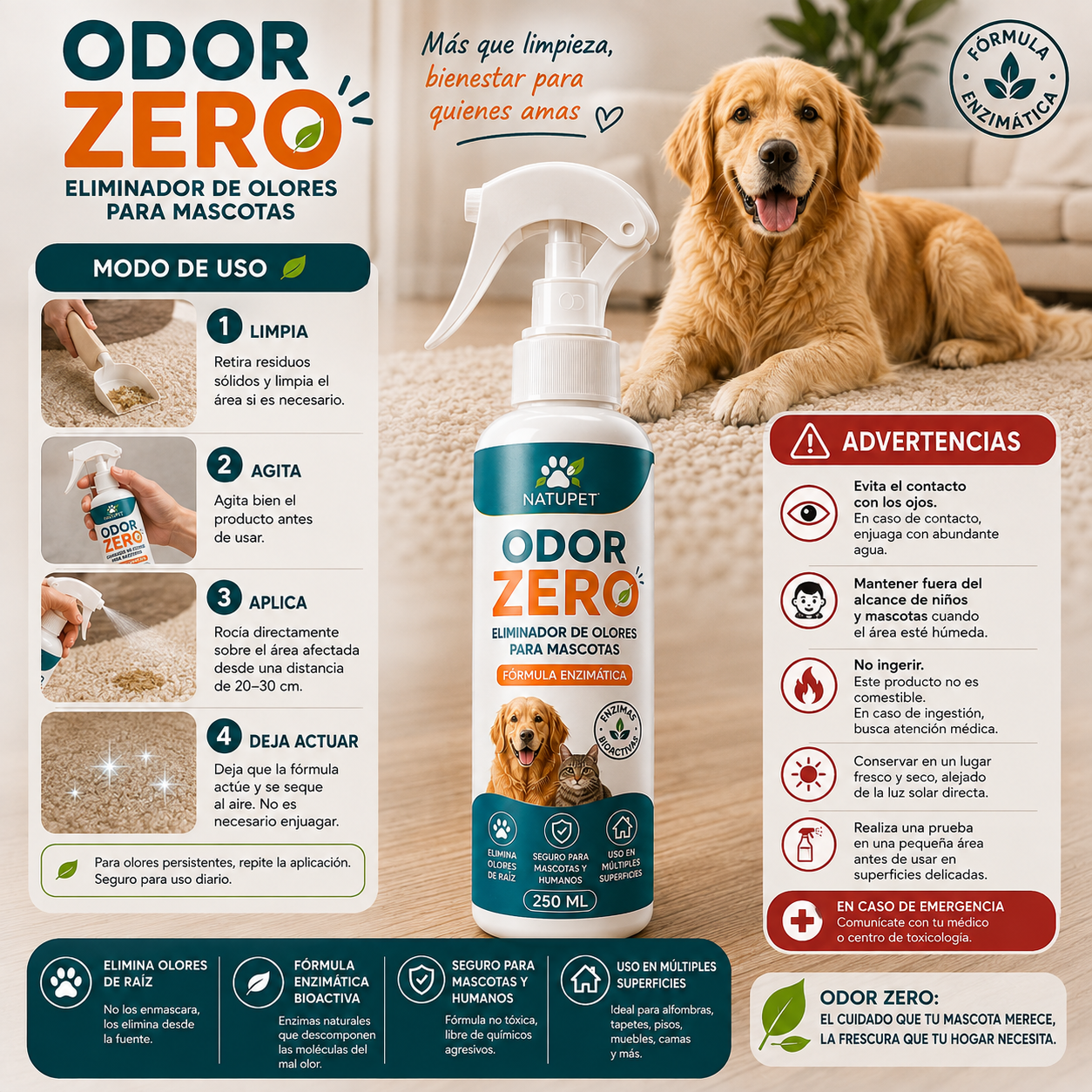 Spray eliminador de olores enzimático para mascotas Natupet de 250ml junto a un perro golden retriever sobre alfombra clara.