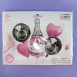 Set de 5 globos metalizados para bachelorette party: dos corazones rosados, dos negros impresos de 18 pulgadas y botella de champaña central de 33 pulgadas.