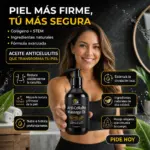 Mujer sonriente sostiene envase negro de 240 ml de aceite anticelulitis M3 Naturals con colágeno y células madre, rodeada de beneficios y gotas de agua.