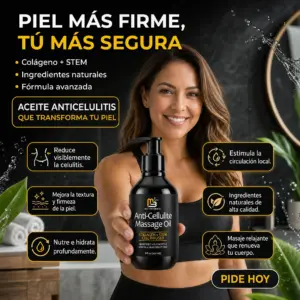 Mujer sonriente sostiene envase negro de 240 ml de aceite anticelulitis M3 Naturals con colágeno y células madre, rodeada de beneficios y gotas de agua.
