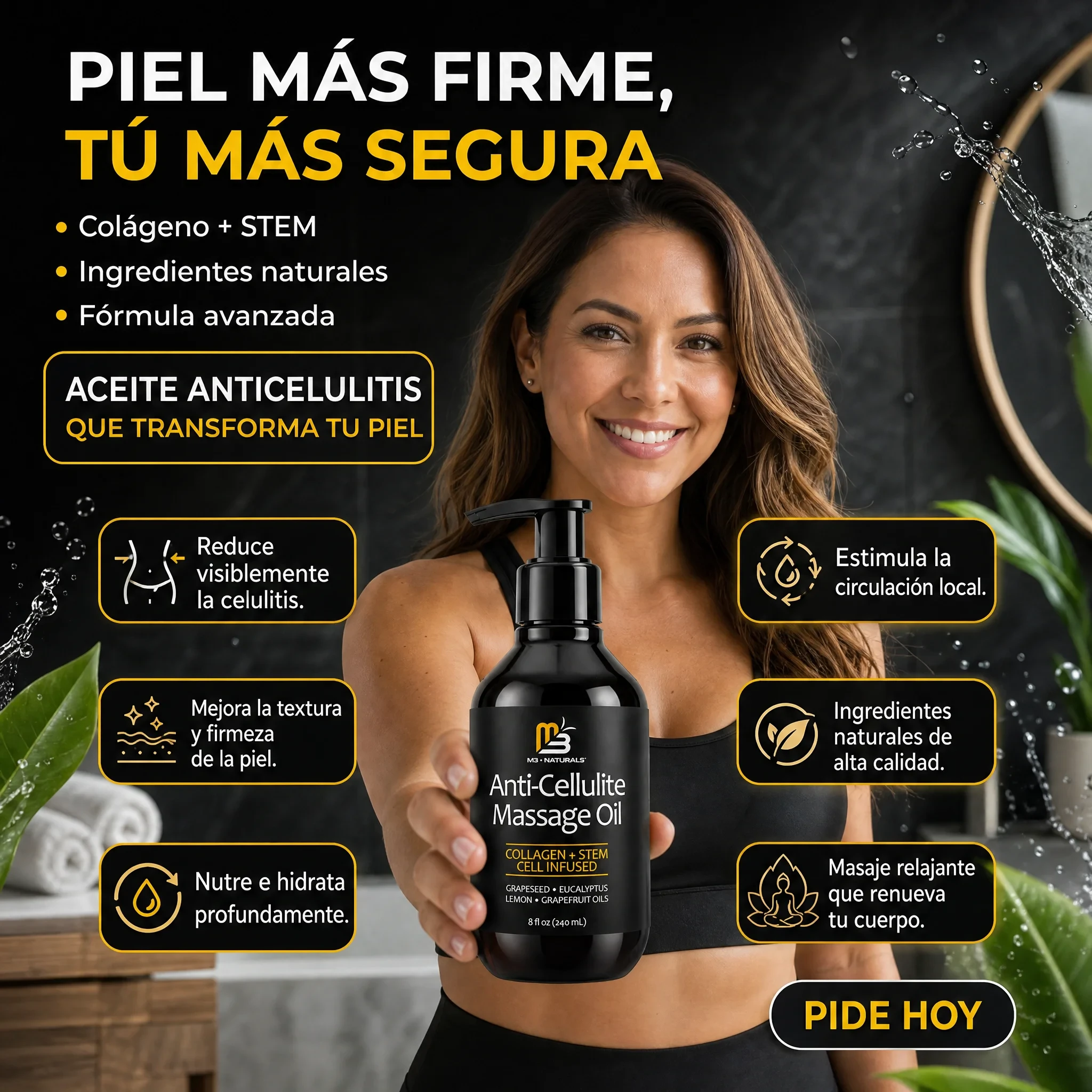 Mujer sonriente sostiene envase negro de 240 ml de aceite anticelulitis M3 Naturals con colágeno y células madre, rodeada de beneficios y gotas de agua.