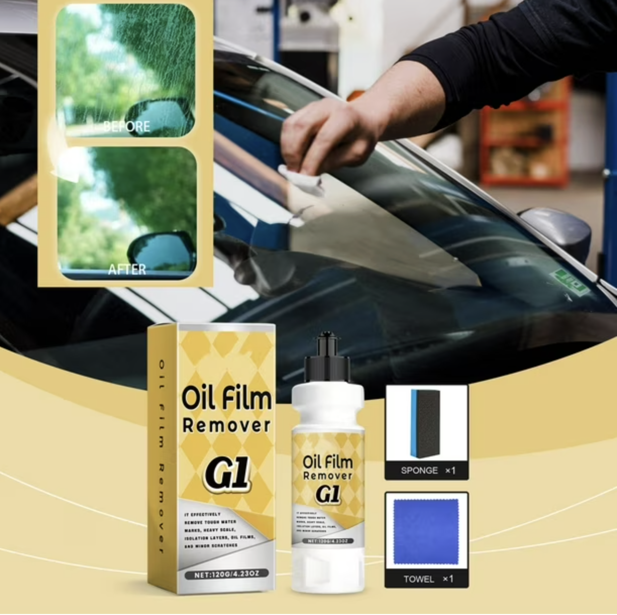 Kit removedor de película de aceite G1 con botella, caja, esponja y toalla, mostrando limpieza y claridad en un parabrisas de automóvil.