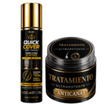 Spray retocador de canas de 10 ml y tarro de tratamiento anticanas ultrapotente, con envases negros y detalles dorados.