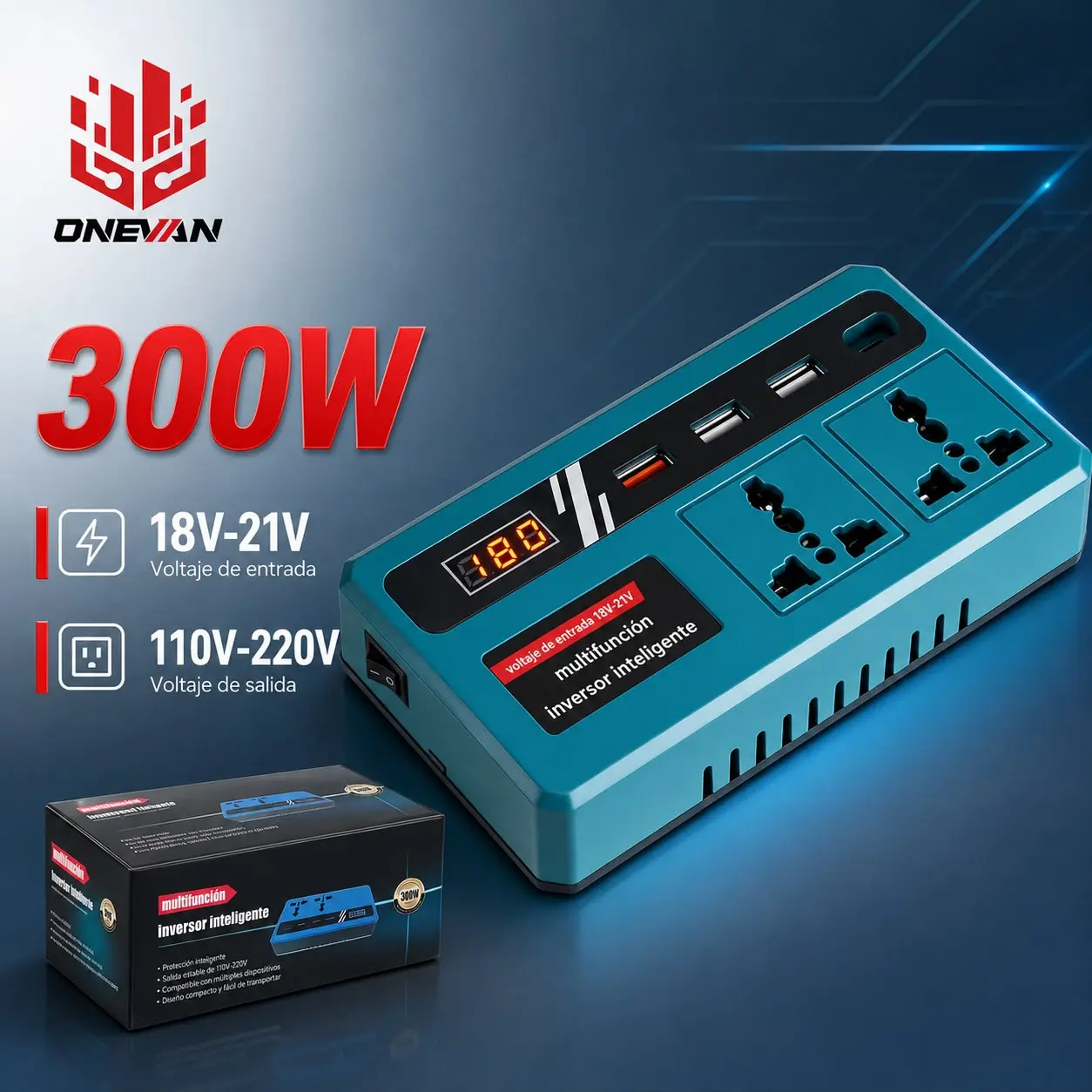 Inversor Onevan 300W azul con pantalla digital, dos tomas de corriente, tres puertos USB y caja, convierte 18V-21V a 110V-220V.