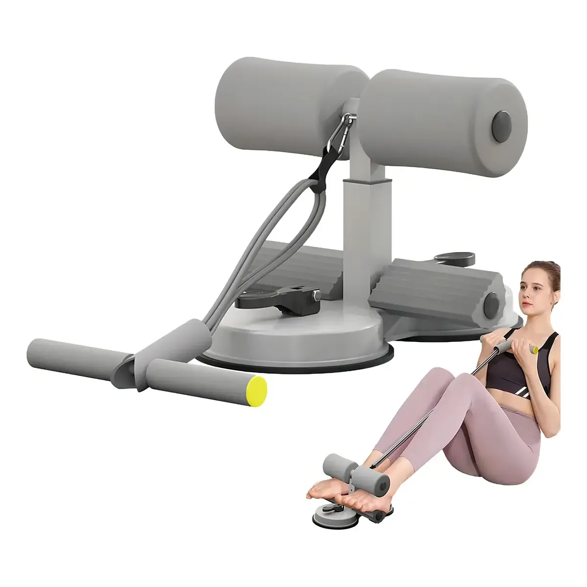 Soporte V-Shaper gris con rodillos de espuma y bandas elásticas, con modelo demostrando su uso para tonificar abdomen, brazos y piernas.