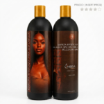 Dos botellas de shampoo anti residuo y keratina marroquí con chocolate de 1000 ml en envase negro mate con tapa dorada sobre fondo blanco.