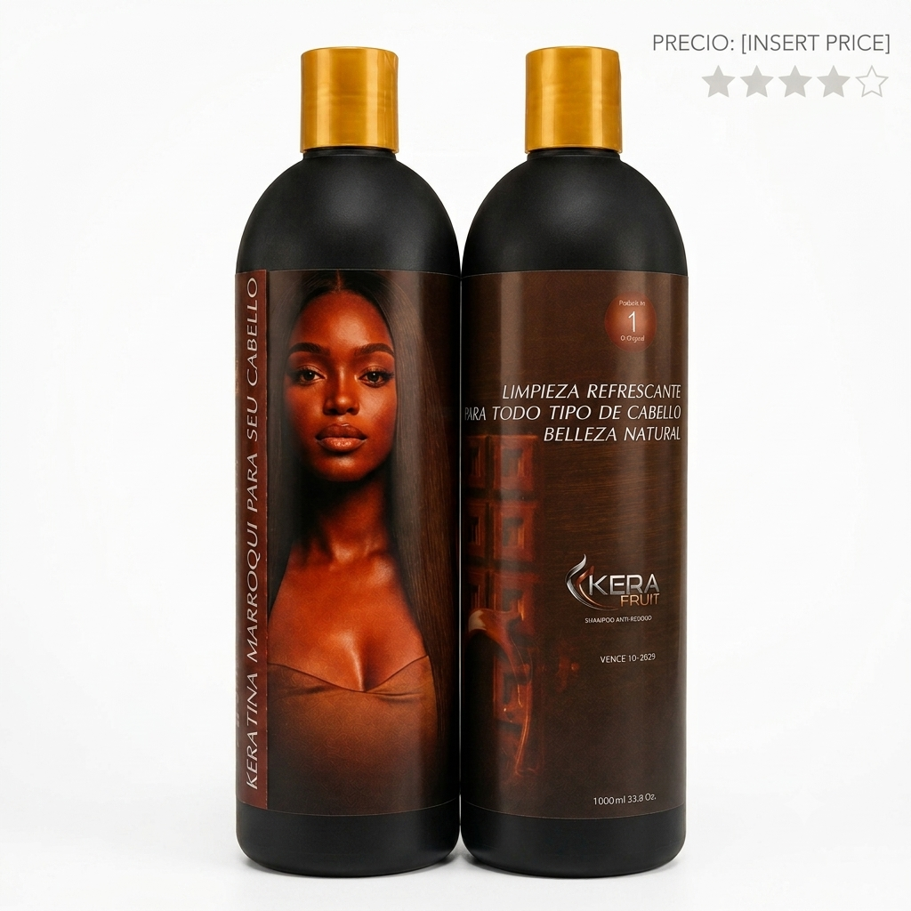 Dos botellas de shampoo anti residuo y keratina marroquí con chocolate de 1000 ml en envase negro mate con tapa dorada sobre fondo blanco.