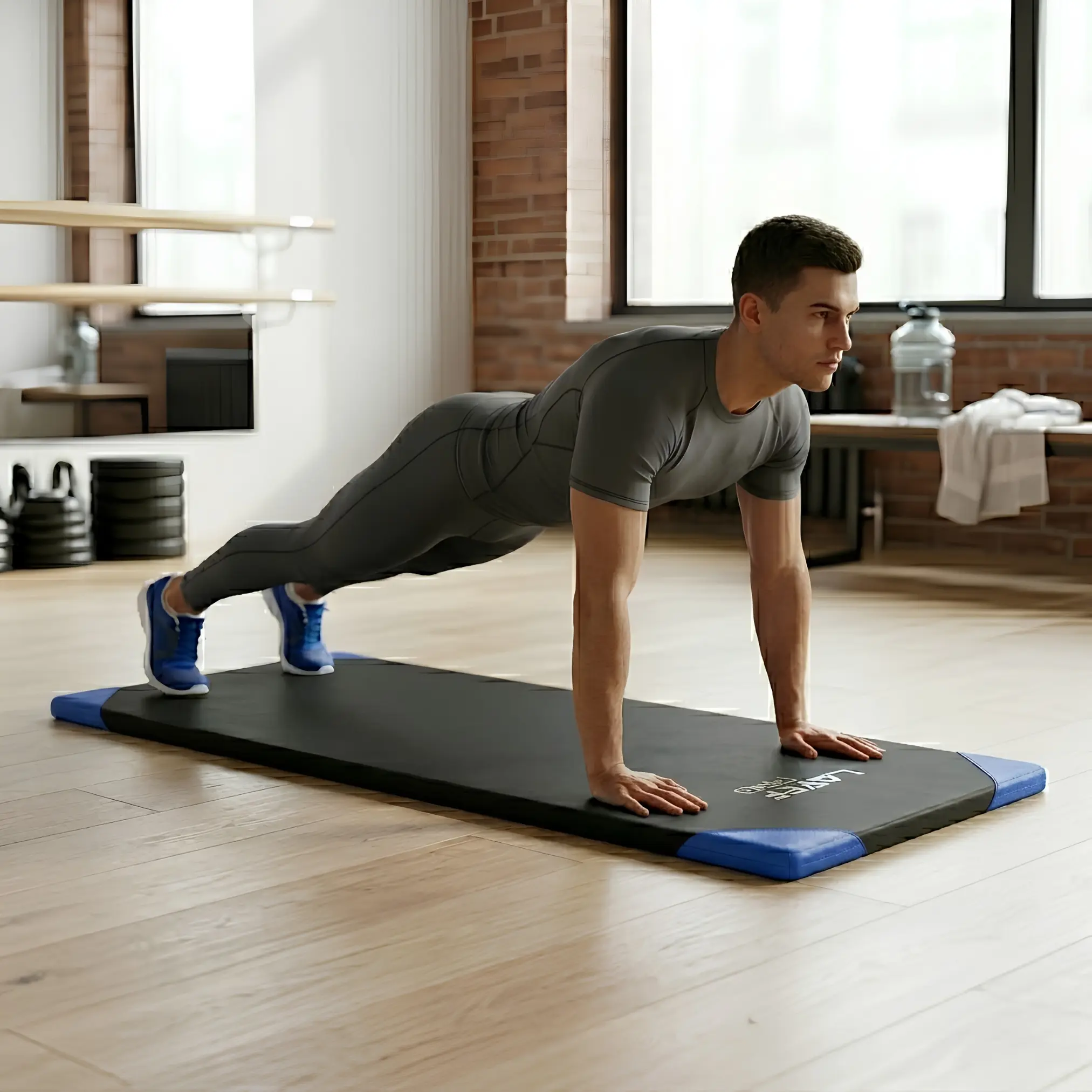 Colchoneta deportiva negra con refuerzos azules, 20mm de alta densidad, usada por un hombre haciendo plancha en casa.