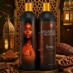 Dos botellas negras de keratina con chocolate de 1000 ml sobre base dorada, decoradas con cacao, chocolate y faroles orientales de fondo.