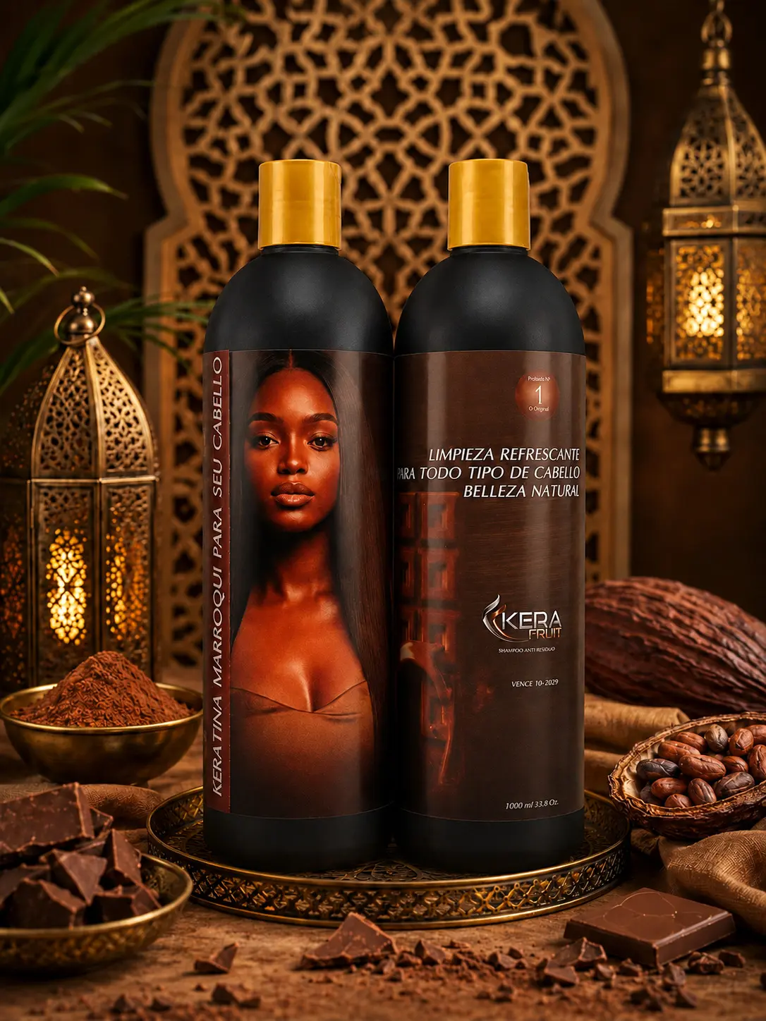 Dos botellas negras de keratina con chocolate de 1000 ml sobre base dorada, decoradas con cacao, chocolate y faroles orientales de fondo.