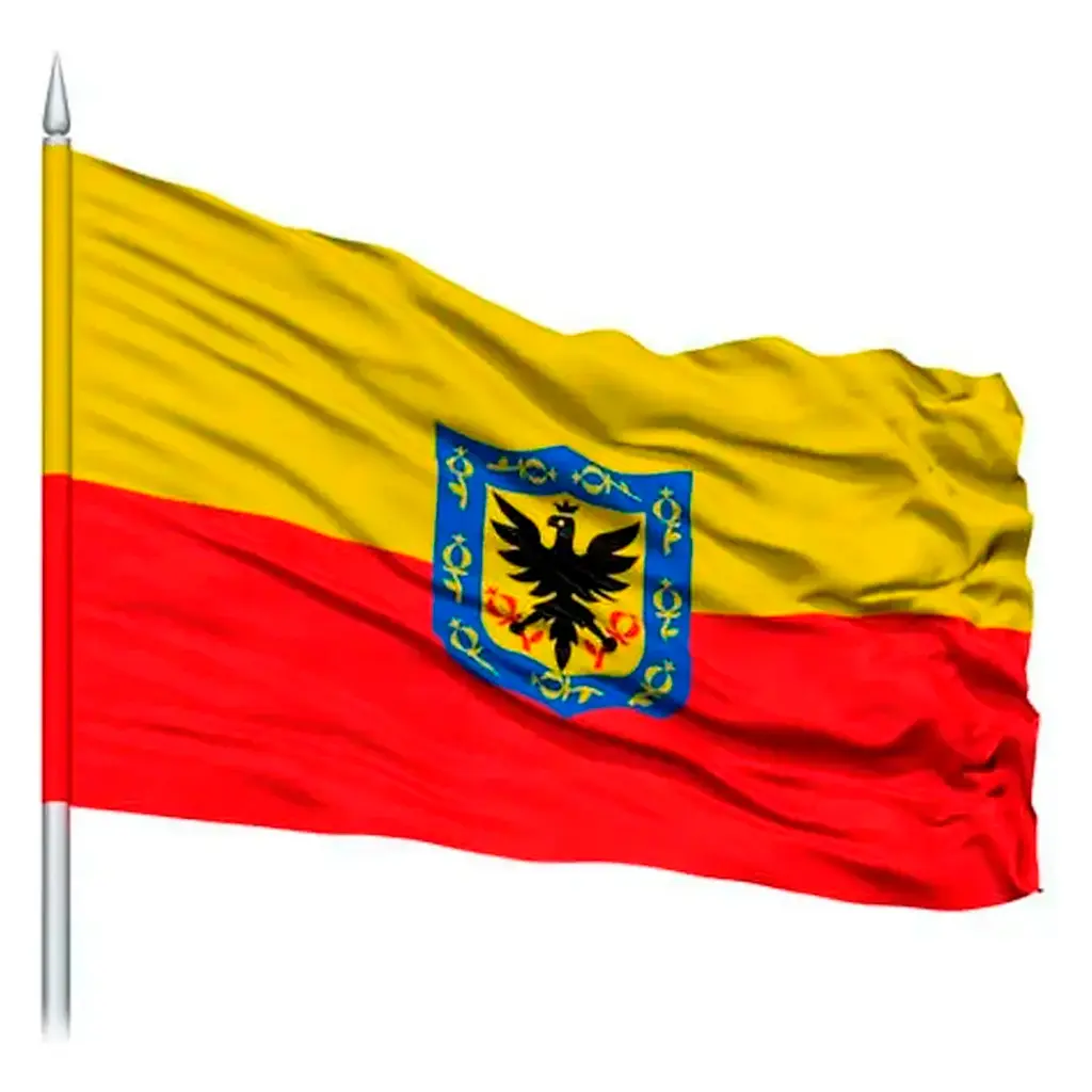 Bandera de Bogotá D.C de 1x1.5m en poliéster con franjas horizontal amarilla y roja, y escudo oficial en el centro, ondeando en asta.