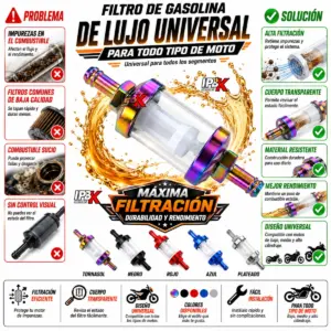 Filtro de gasolina universal para moto transparente con terminales metálicos - Retiene impurezas y permite supervisar el flujo de combustible