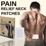 Parches herbales de alivio localizado: caja color crema con diagrama anatómico y parche blanco aplicado en la zona lumbar de un hombre.