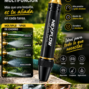 Boquilla pulverizadora negra y dorada para manguera, de alta presión y chorro ajustable para jardín y lavado de autos.