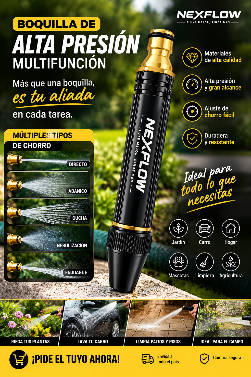 Boquilla pulverizadora negra y dorada para manguera, de alta presión y chorro ajustable para jardín y lavado de autos.