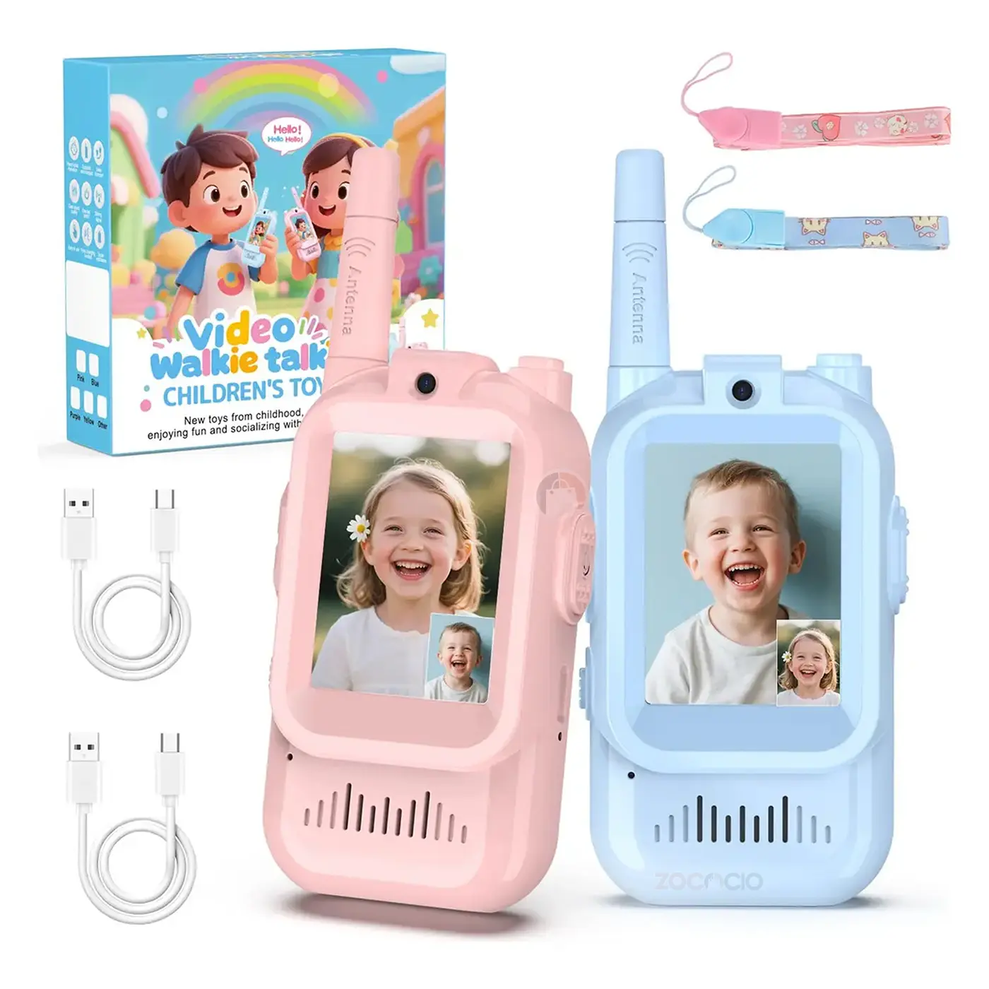 Set de dos walkie talkies con cámara para niños en rosa y azul. Incluye caja, dos cables USB y correas de muñeca con diseños coloridos.