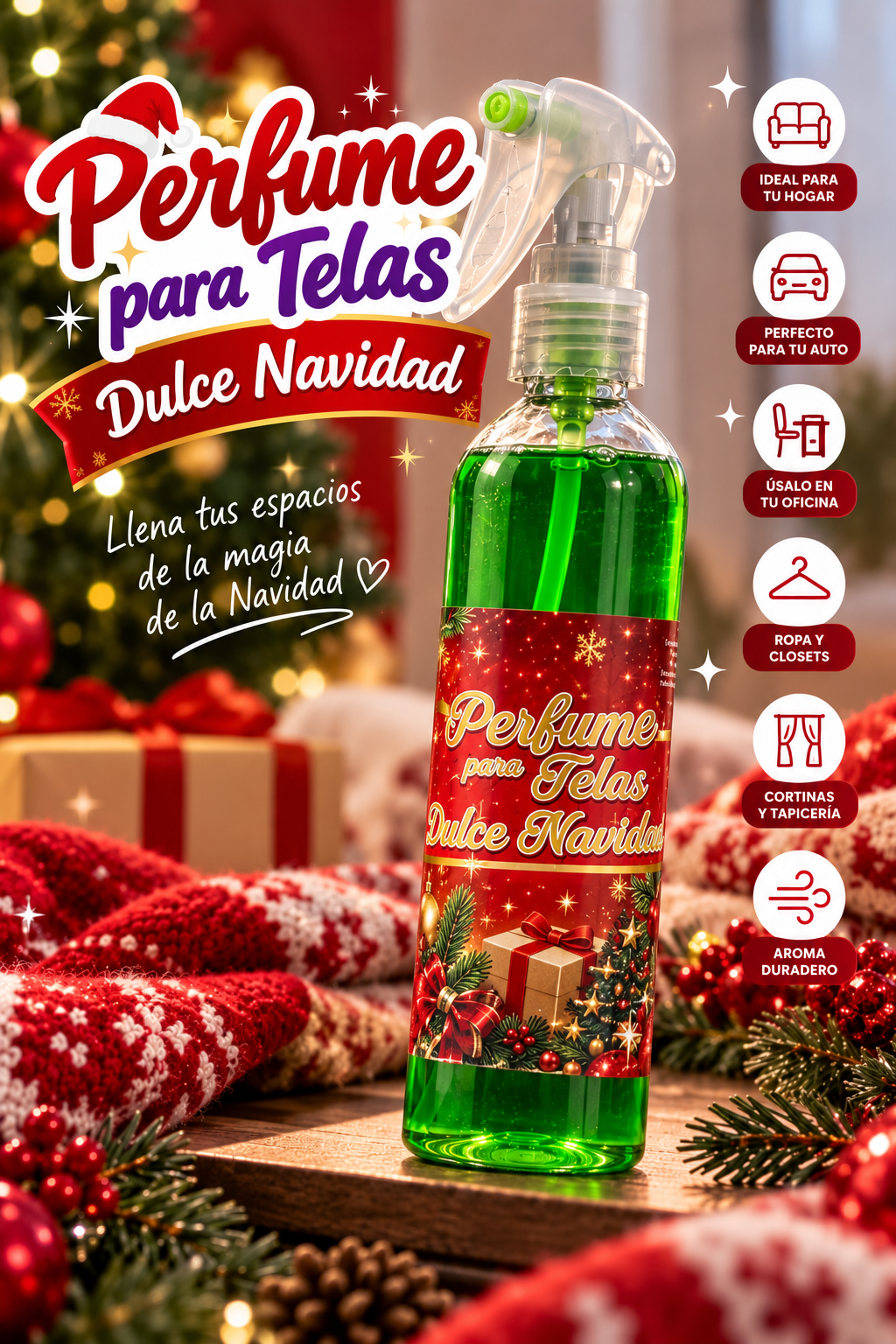 Perfume de telas Dulce Navidad de 120ml en envase transparente con líquido verde, decorado con motivos navideños sobre una superficie de lana roja.