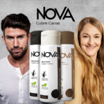 Shampoo cubre canas Nova en presentación de 375 ml, con extractos naturales y fórmula para máxima cobertura en frasco blanco.