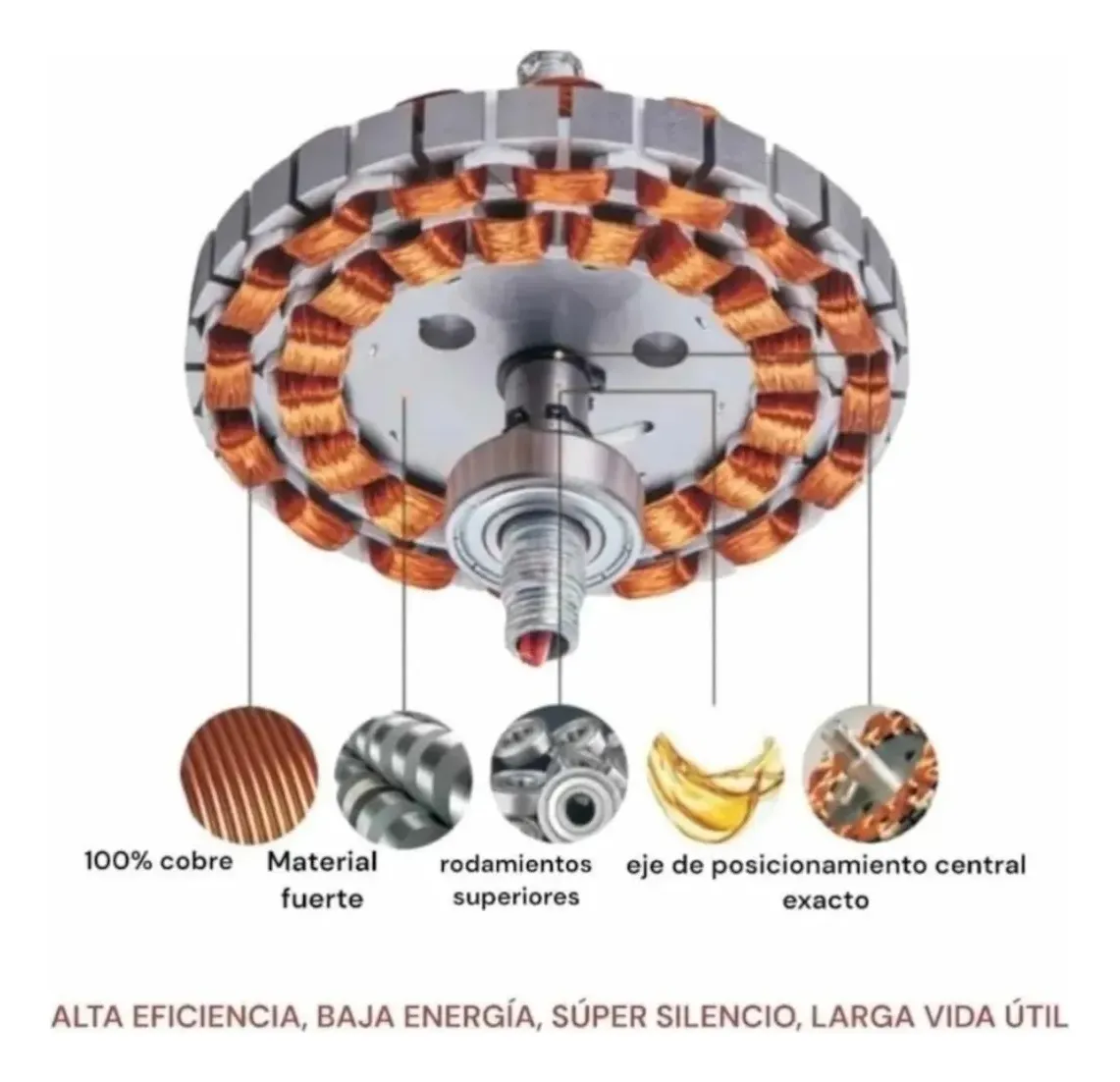 Motor de ventilador de techo con bobinado de cobre, rodamientos superiores y eje central exacto para alta eficiencia y funcionamiento silencioso.
