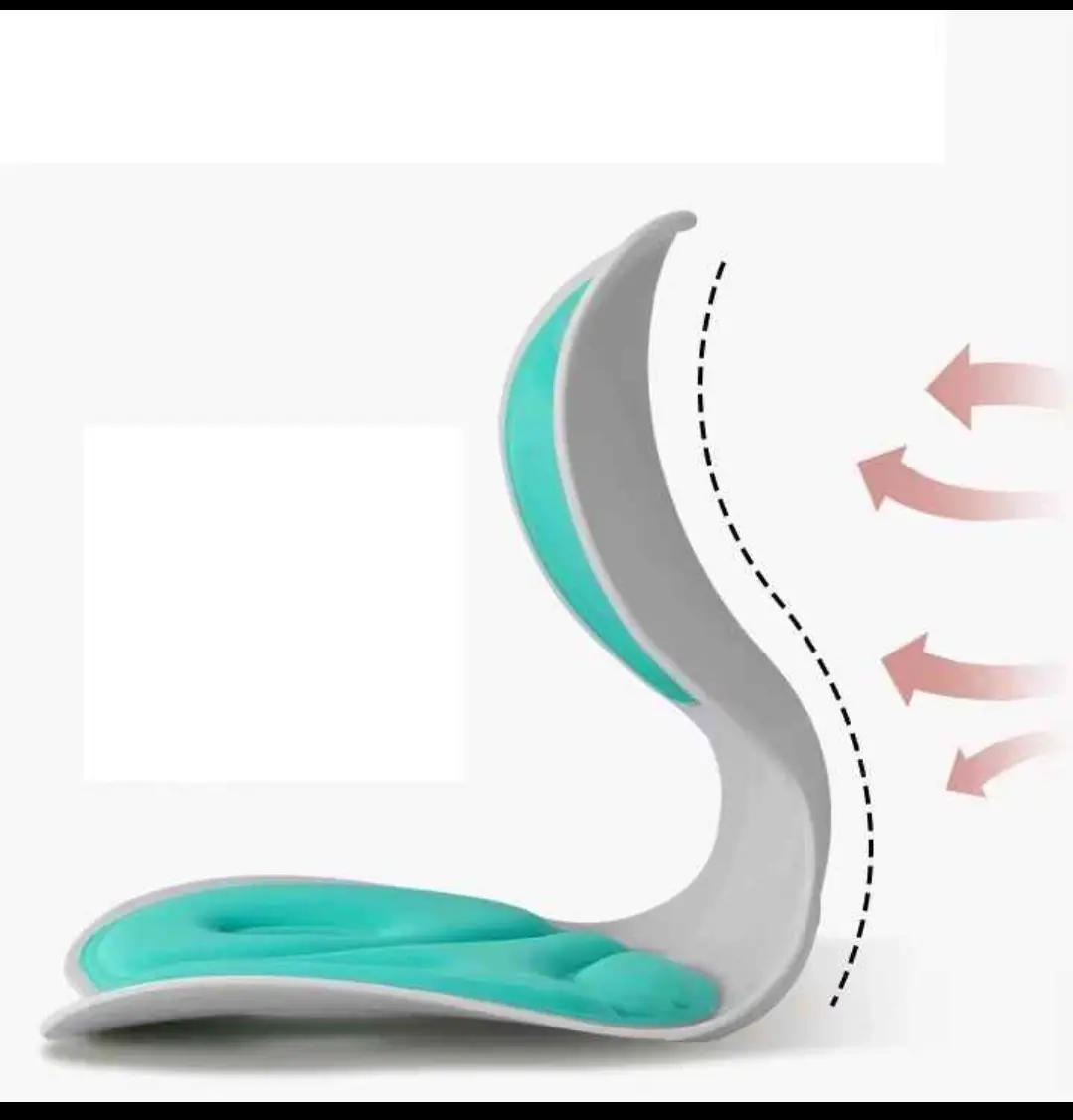 Cojín ergonómico gris con acolchado turquesa, diseño curvo de soporte lumbar y base de asiento contorneada para corrección de postura.
