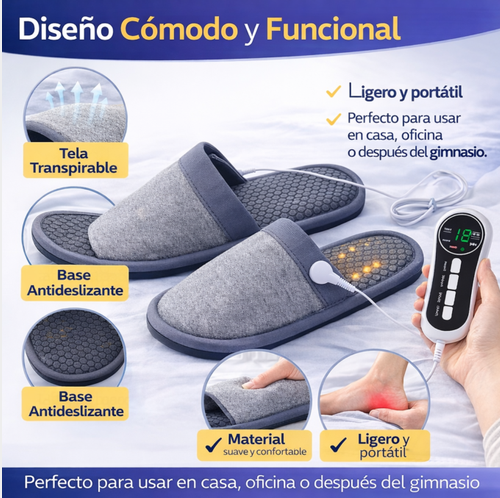 Pantuflas EMS grises y azul marino con control remoto digital, suela antideslizante y puntos de masaje térmico para aliviar el dolor de pies