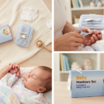 Set de manicura para bebé azul con tijeras y limas en estuche portátil, junto a su caja y uso práctico en un bebé durmiendo sobre mantas suaves.